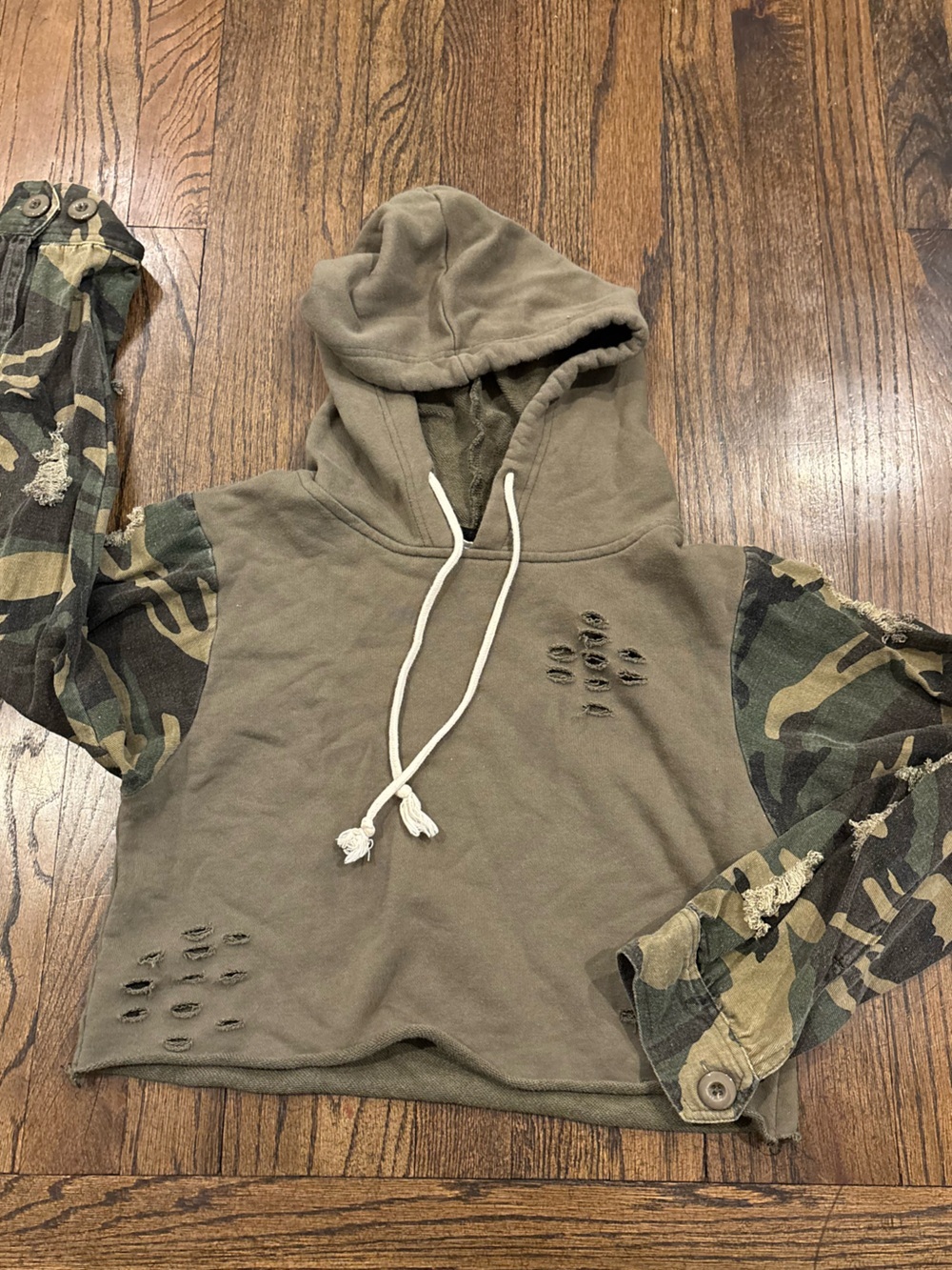 Dance & Marvel Olive Cropped Hoodie with Camouflage Sleeves size small